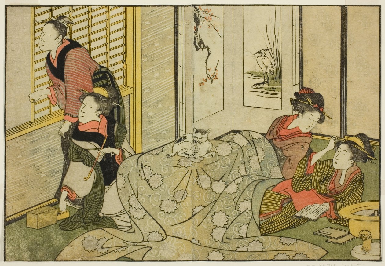 Interior Scene on a Snowy Day, fra den illustrerede bog "Picture Book: Flowers of the Four Seasons (Ehon shiki no hana)," vol. 2 af Kitagawa Utamaro