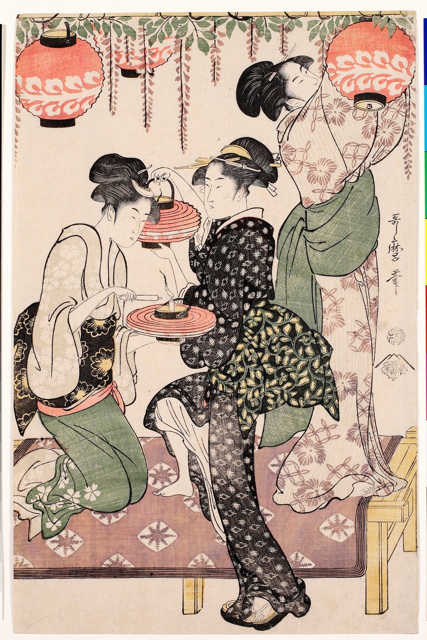 Unge piger fra et japansk tehus hængende lanterner fra et blåregn - Tryk af Kitagawa Utamaro (1753-1806), ca. 1795, linosnit - Teahouse-piger under en blåregn - Farve linosnit af Kitagawa Utamaro (1753-1806) , ca1 af Kitagawa Utamaro