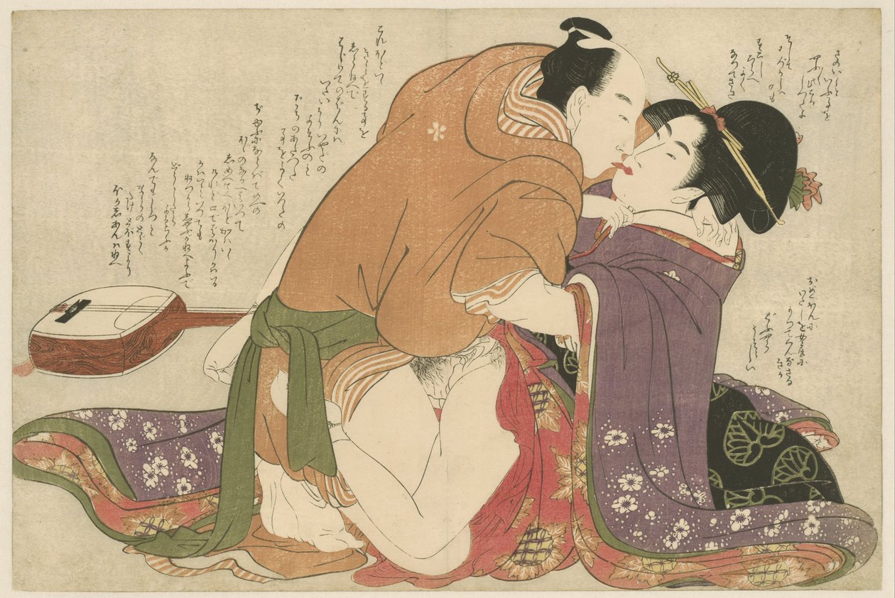 Ung civil datter med elsker på en shamisen Negai No Itoguchi (Series Titel) af Kitagawa Utamaro