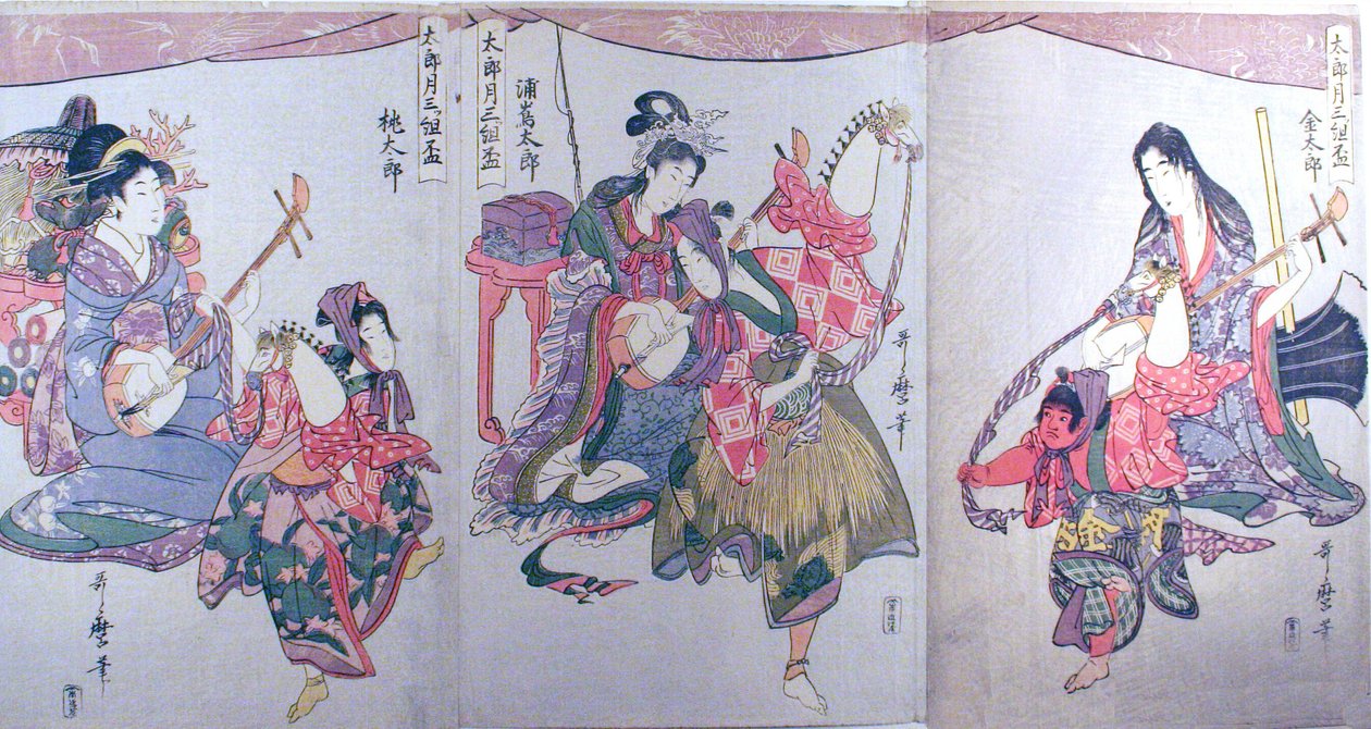 Kintaro, Urashimataro og Momotaro, fra triptykonet "Sæt med tre sakebægre til den første måned (Tarozuki mitsugumi sakazuki)" af Kitagawa Utamaro