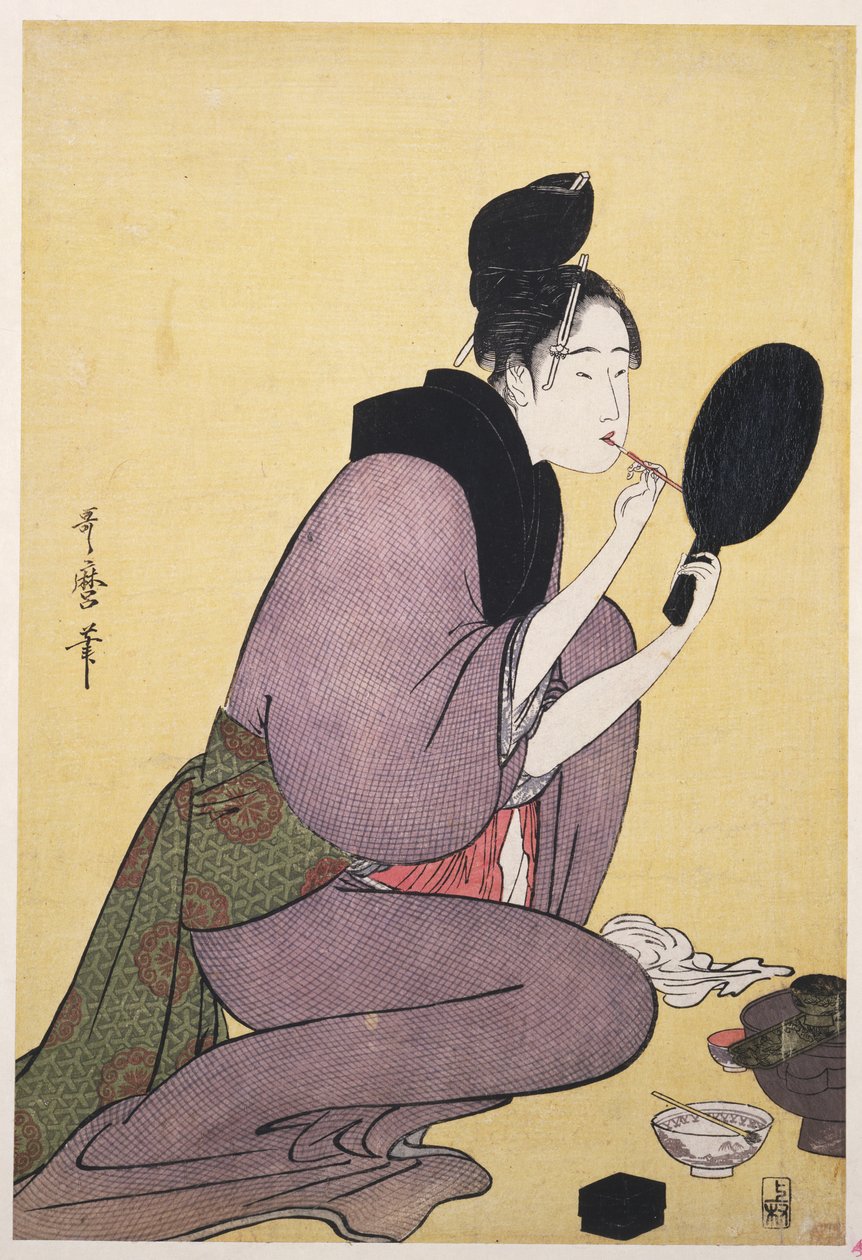 En hue, maler læberne af Kitagawa Utamaro