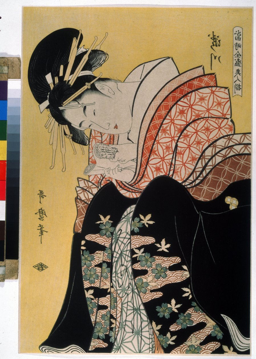 Den smukke Takigawa fra Ogi Tea House. I serien The Contemporary Beautiful Celebrities (den berømte skønhed i vore dage). Tegning af Kitagawa Utamaro (1754-1806). Stærkt vand af Kitagawa Utamaro