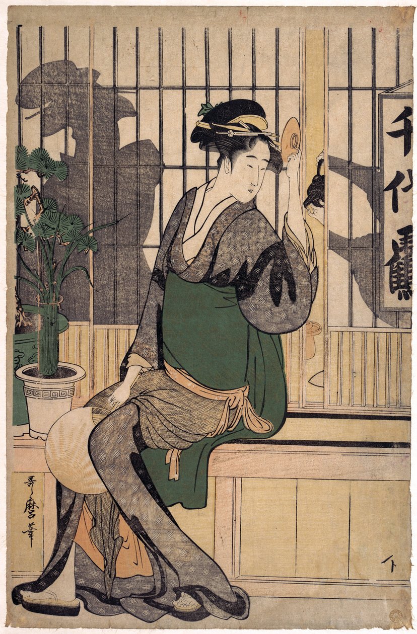 La maison de the Chiyozuru (skygger på shoji, papirvæg) - The Chiyozuru Teahouse (Shadows on the Shoji) af Utamaro, Kitagawa (1753-1806) af Kitagawa Utamaro