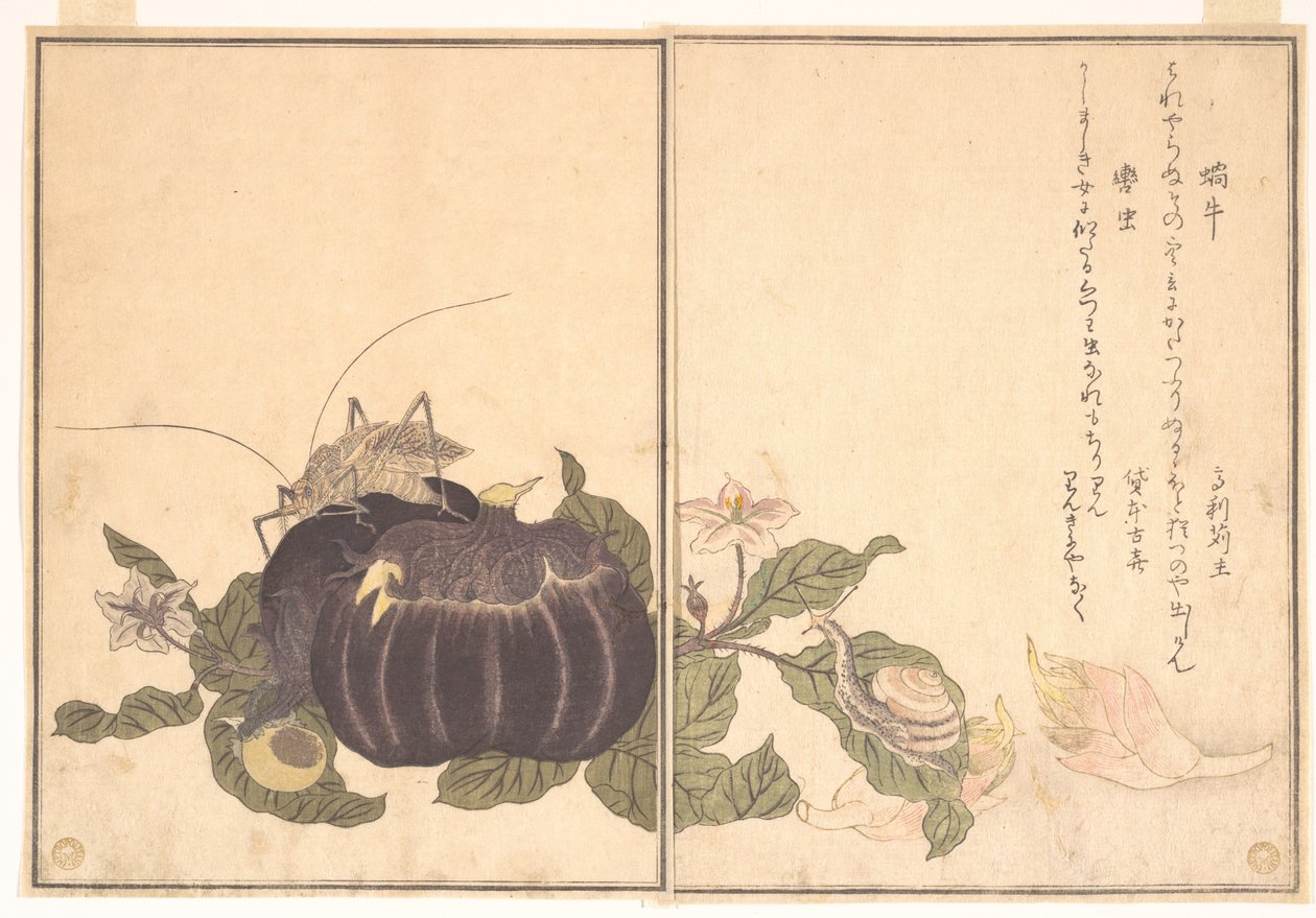 Landsnegl (Katatsumuri); kæmpe løvgræshoppe (Kutsuwamushi), fra billedbogen om krybende skabninger (Ehon mushi erami) af Kitagawa Utamaro