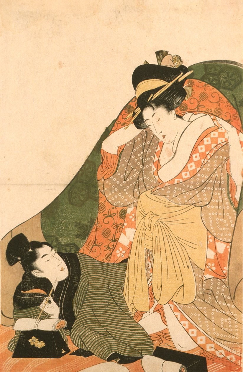 Elskende under en futon; åbningsbillede til en erotisk serie af Kitagawa Utamaro