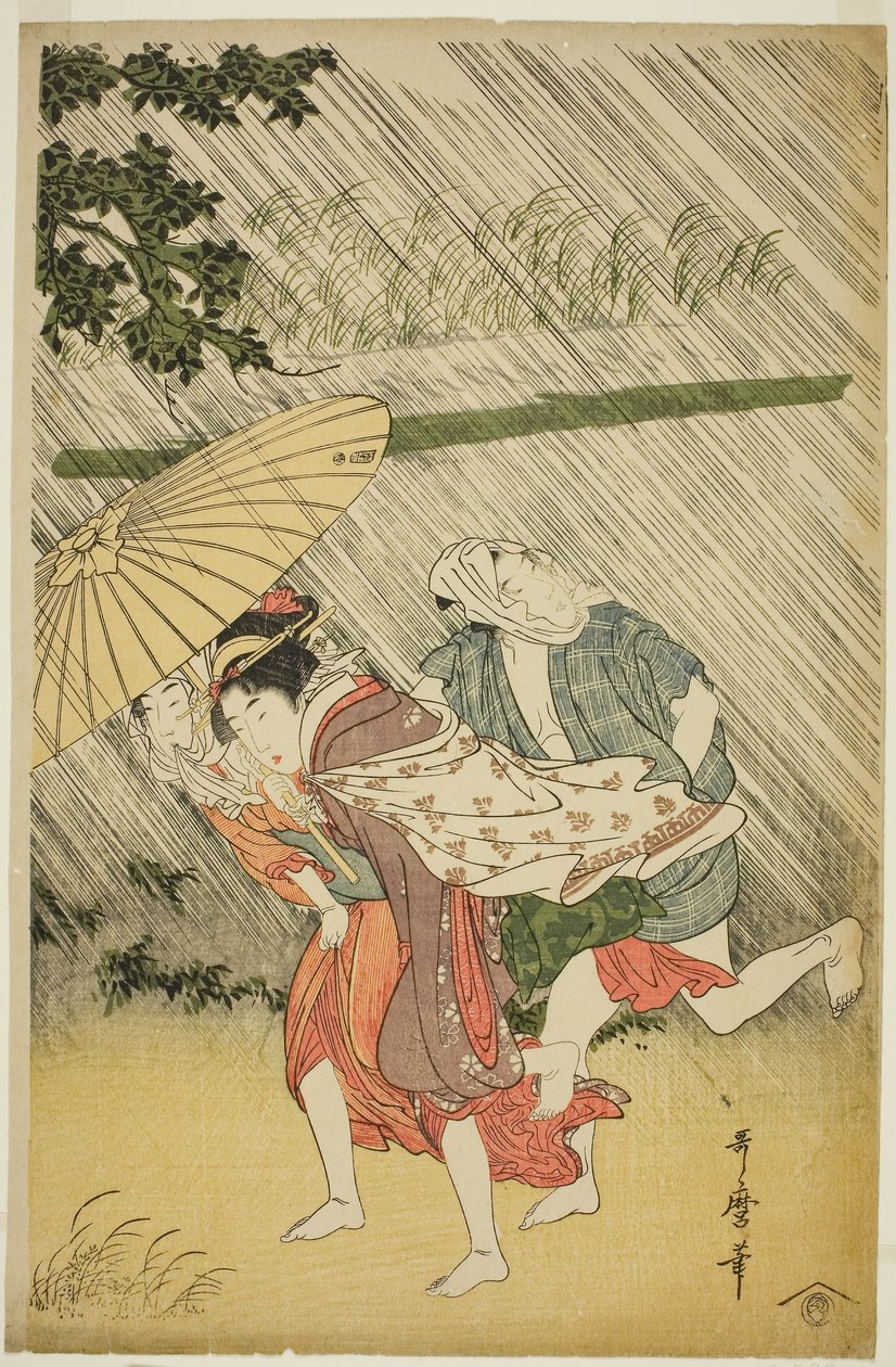 Lovers under an Paraply, ca. 1797 (træbloktryk i farver; oban) af Kitagawa Utamaro