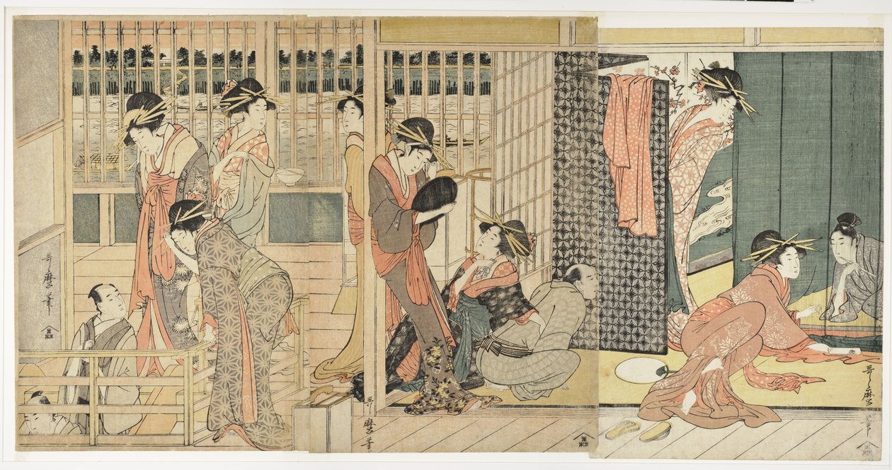 Morgenafsked ved de midlertidige logi i Lystkvarteret, 1801 af Kitagawa Utamaro