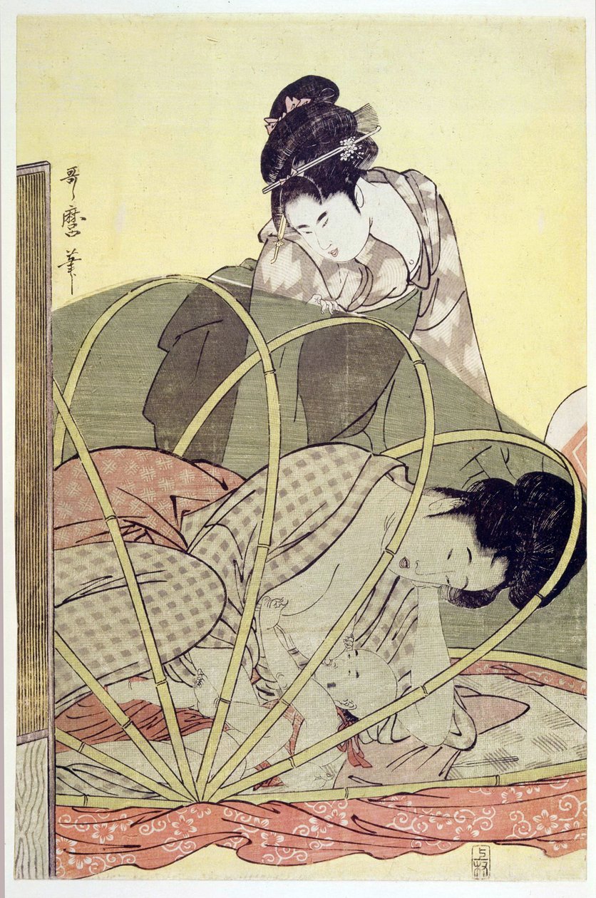 Mother Nursing Baby under Mosquito Net par Utamaro, Kitagawa (1753-1806), ca. 1795 - Farvetræsnit, 37,6x24,6 - Privat Samling af Kitagawa Utamaro