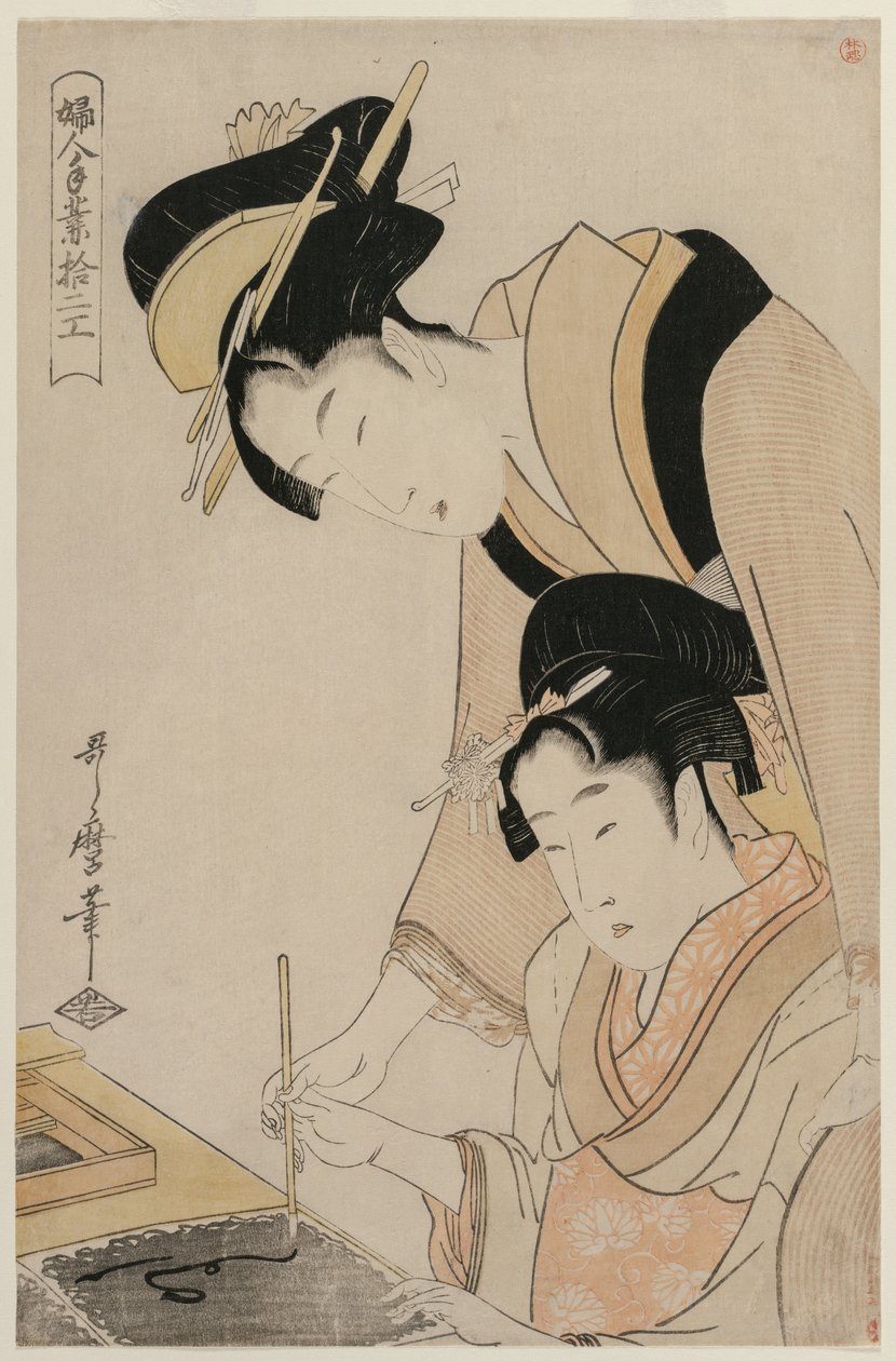 Mor underviser sin datter kalligrafi, fra serien, Twelve Occupations of Women, ca. 1798. af Kitagawa Utamaro