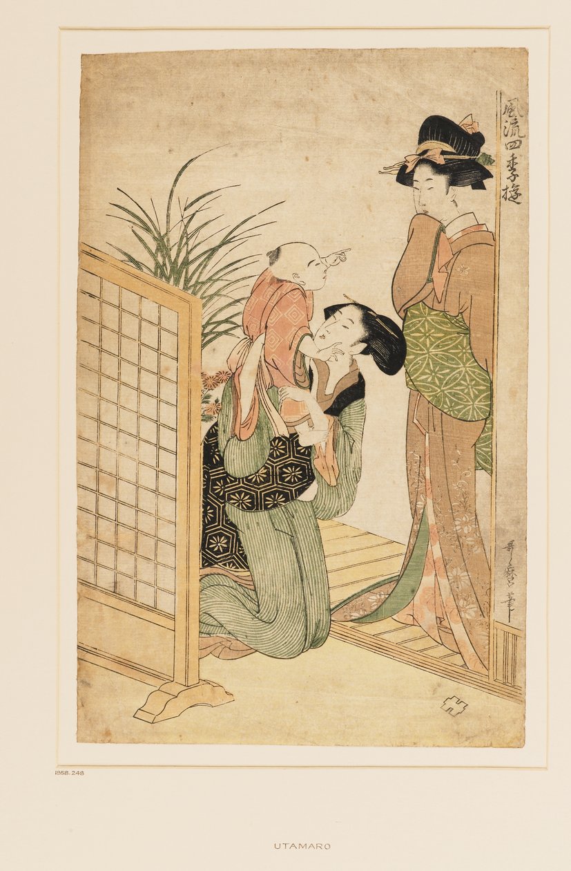 Mor, barn og sygeplejerske, ca. 1790 (nishiki-e (multi-blok) træbloktryk) af Kitagawa Utamaro