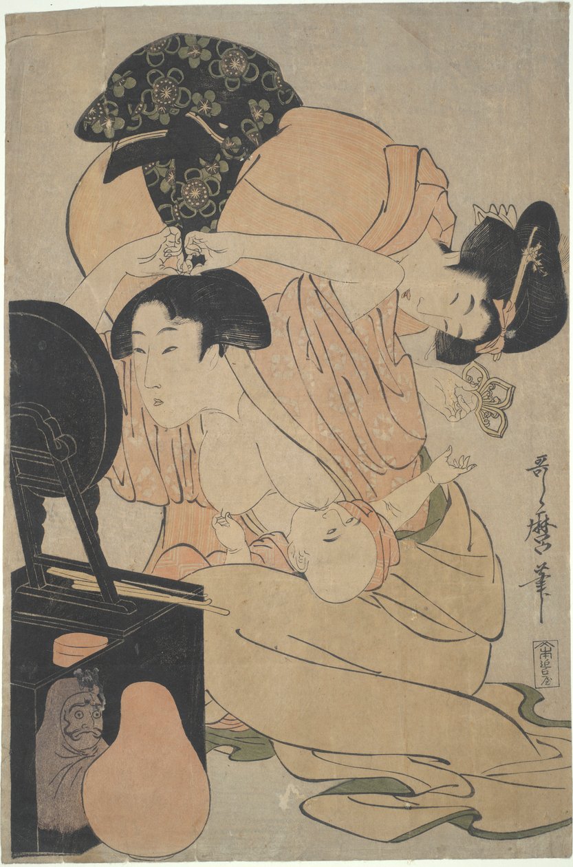 Mor med ammende baby og ledsager af Kitagawa Utamaro
