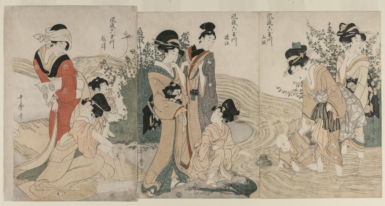 Musashi, Omi, Yamashiro, Idea d Settsu P Lovinse s fra Te Series Fasio na Be si x Jewe l Libers (No Furyu Tama River) af Kitagawa Utamaro