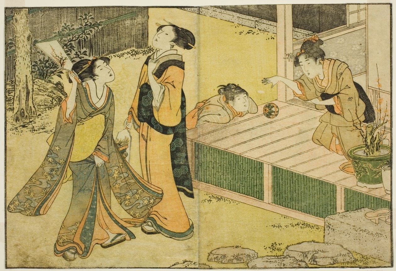 Nytårsspil med fjerbold, Battledore og håndbold, fra den illustrerede bog "Picture Book: Flowers of the Four Seasons (Ehon shiki no hana)," vol. 1 af Kitagawa Utamaro