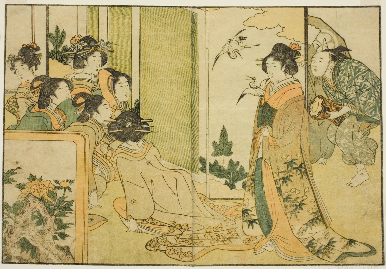 Nytårsmanzai-forestilling i en feudalherres palæ, fra den illustrerede bog "Picture Book: Blomster i de fire årstider (Ehon shiki no hana)", vol. 1 af Kitagawa Utamaro