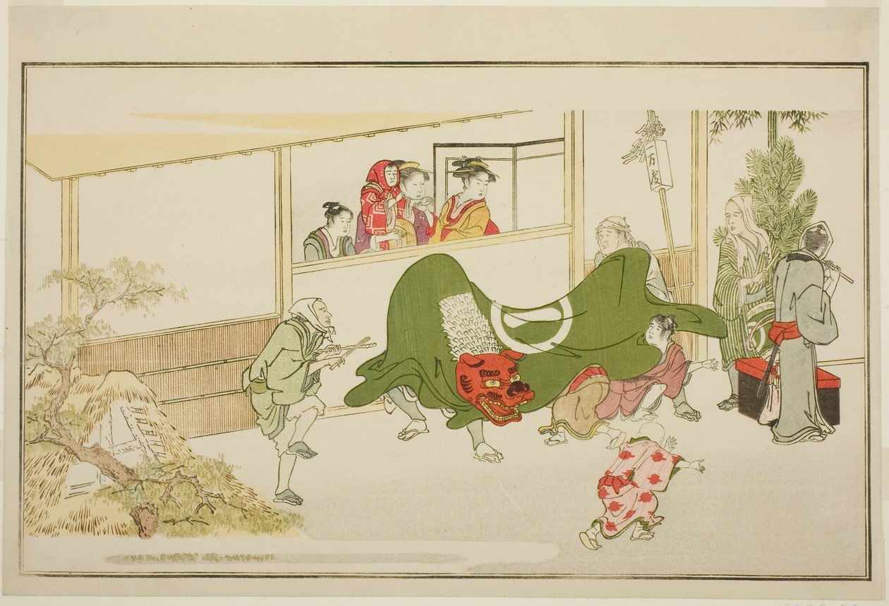 New Year Street-performers, fra den illustrerede kyoka-antologi "The Young God Ebisu (Waka Ebisu)" af Kitagawa Utamaro