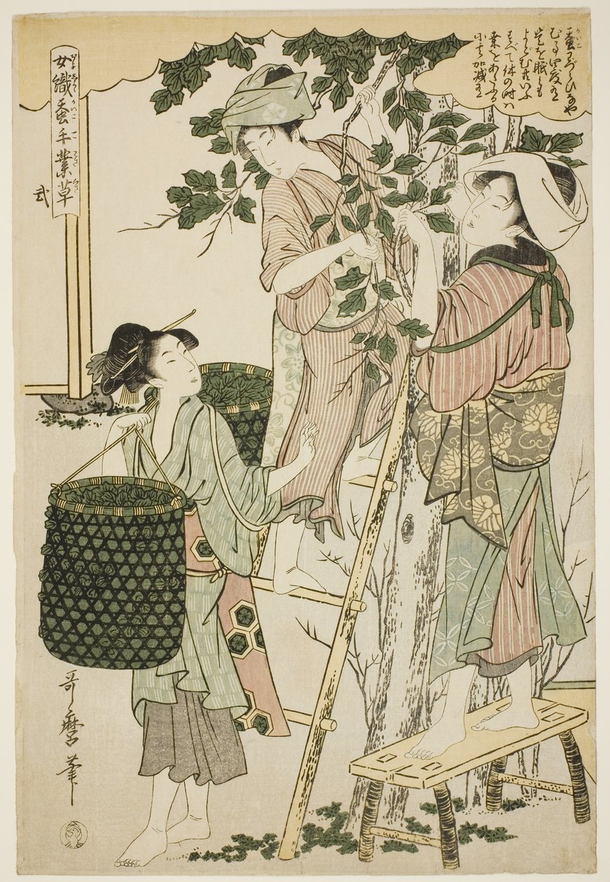 nr. 2 (ni), fra serien "Women Engaged in the Sericulture Industry (Joshoku kaiko tewaza-gusa)" af Kitagawa Utamaro
