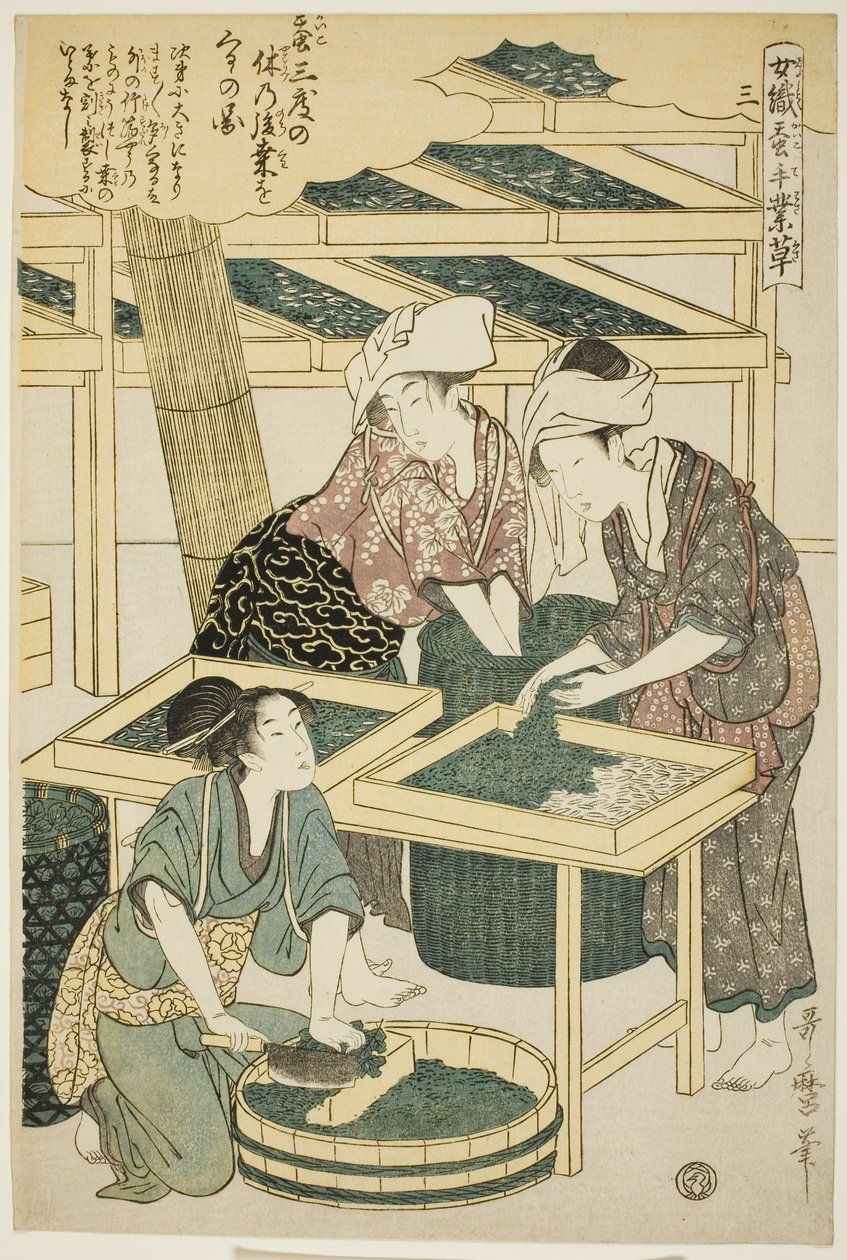 nr. 3 (san), fra serien "Women Engaged in the Sericulture Industry (Joshoku kaiko tewaza-gusa)" af Kitagawa Utamaro