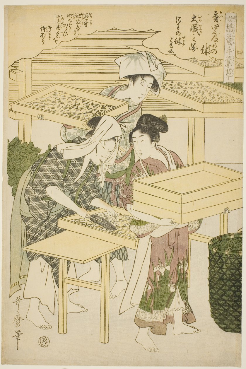 nr. 4 (shi), fra serien "Women Engaged in the Sericulture Industry (Joshoku kaiko tewaza-gusa)" af Kitagawa Utamaro