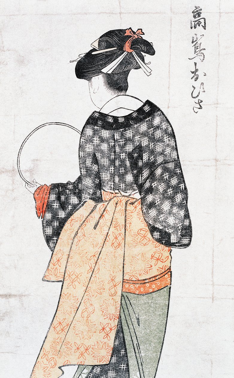 Ohisa fra Takashima Teahouse, Woman Inkimono With Fan, Ukiyoe Art Print af Kitagawa Utamaro (1753-1806) Zachion, Ed Perio d af Kitagawa Utamaro