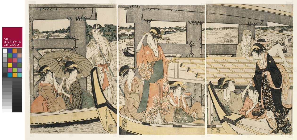 På toppen og under Ryogoku-broen af Kitagawa Utamaro