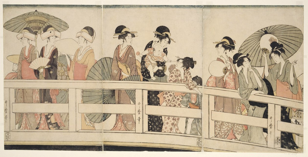 På toppen og under Ryogoku-broen af Kitagawa Utamaro