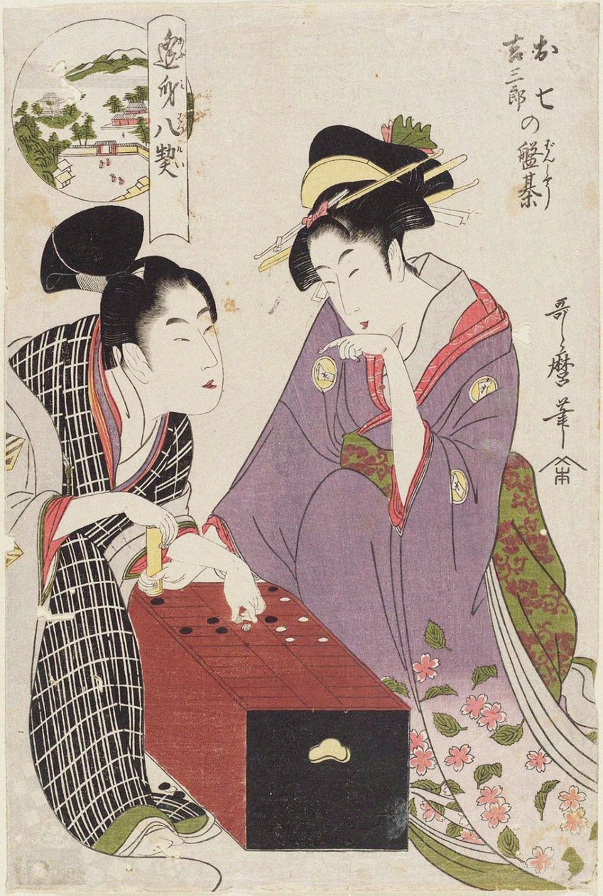 Skubbet landplan d Base Saburo Atte er øjenborede rd Oshichi Base Saburos bestyrelse, 1800 af Kitagawa Utamaro