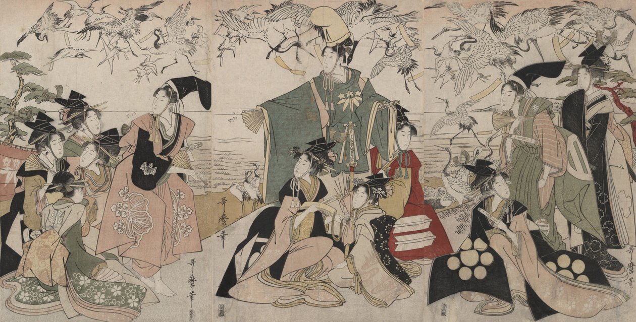 Parodi på Yoritomo, der slipper tranerne fri (Mitate Yoritomo hōkaku) af Kitagawa Utamaro