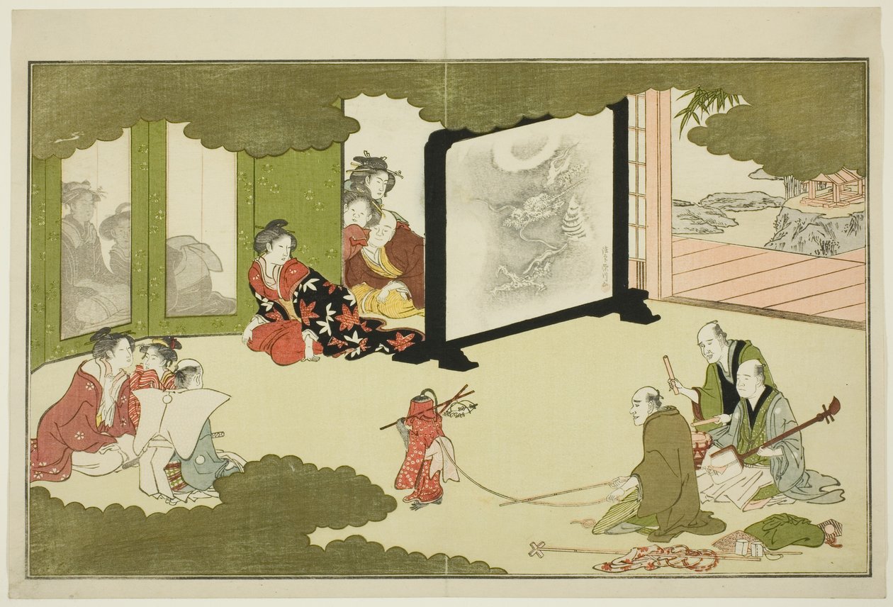 Opførelse af en trænet abe fra en illustreret poesiantologi med titlen "The Young God Ebisu (Waka Ebisu)" af Kitagawa Utamaro