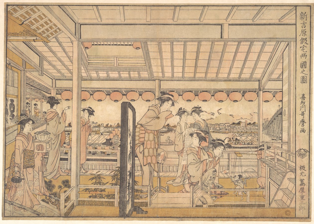 Billede af de midlertidige boliger i det nye Yoshiwara-forlystelseskvarter i Ryōgoku  (Shin Yoshiwara Karitaku Ryogoku no zu) af Kitagawa Utamaro