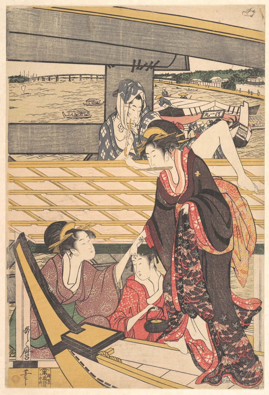 Fornøjelsesselskaber i både på Sumida-floden under Ryōgoku-broen af Kitagawa Utamaro