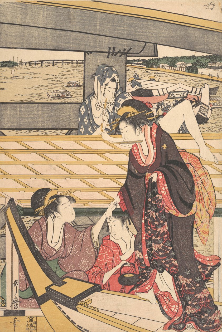 Fornøjelsesfester i både på Sumida-floden under Ryogoku-broen, ca. 1796. af Kitagawa Utamaro