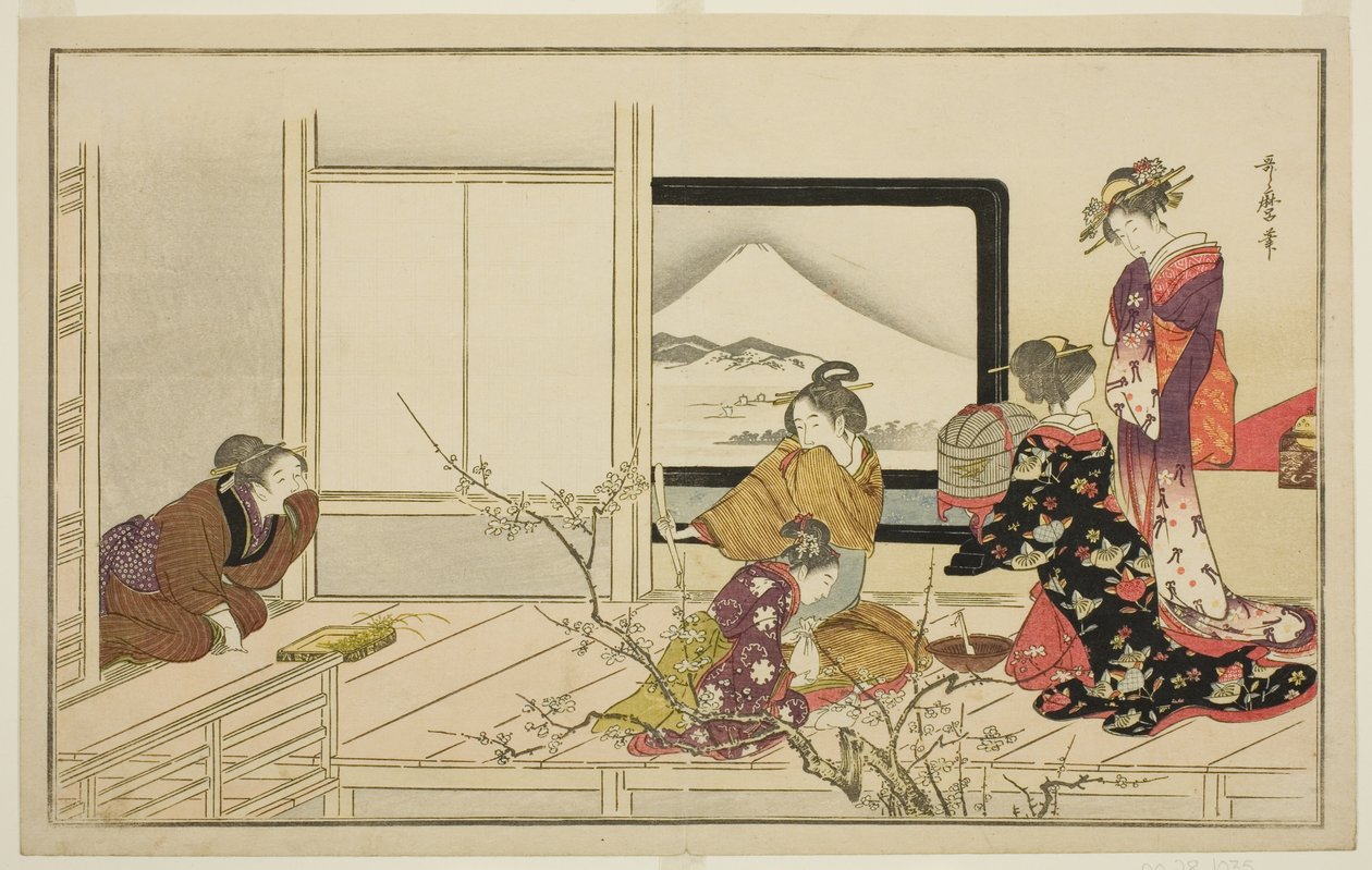Tilberedning af mad til en nattergal, fra den illustrerede kyoka-antologi "Mænds stammedans (Otoko toka)" af Kitagawa Utamaro