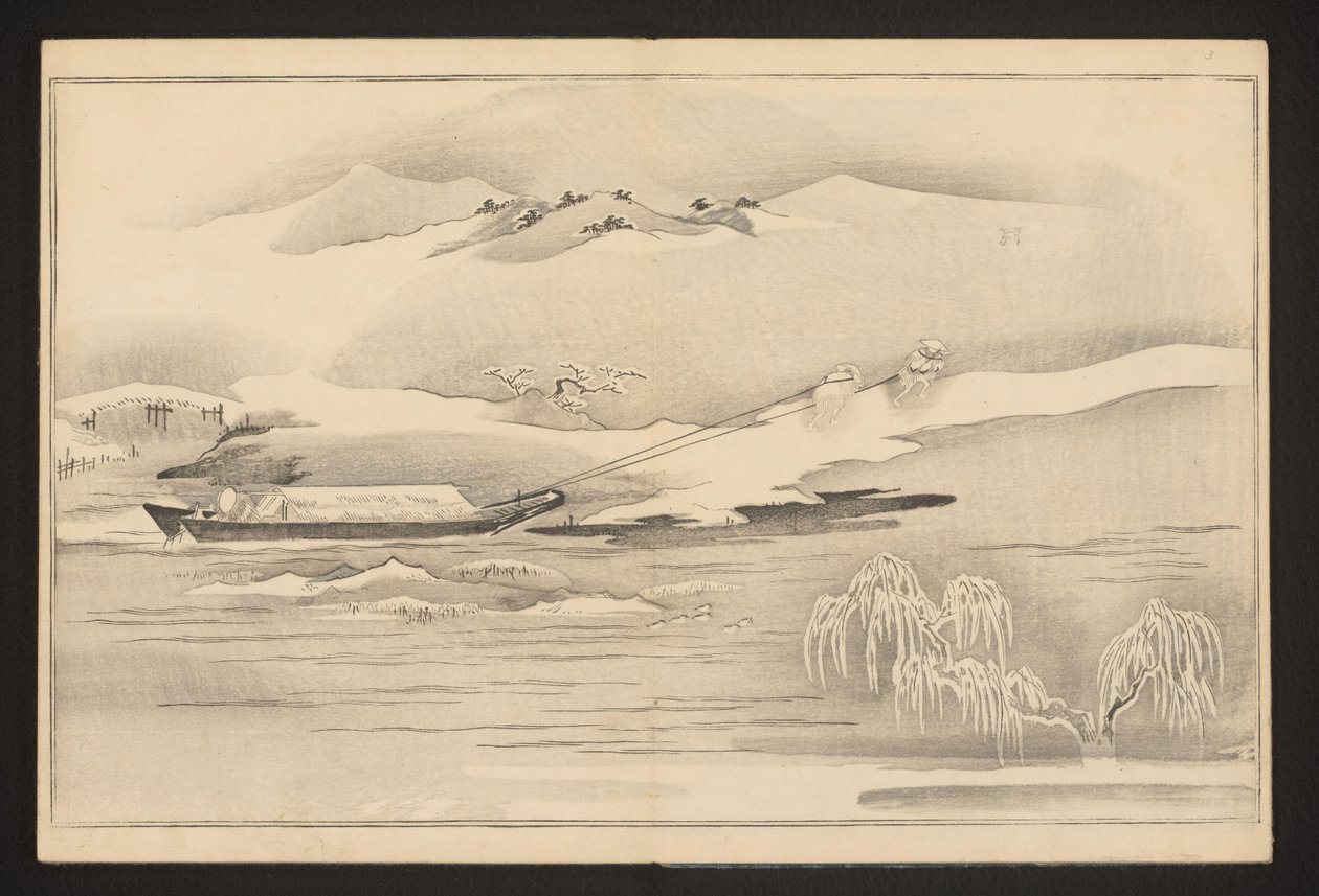 Trækker en båd langs floden af Kitagawa Utamaro