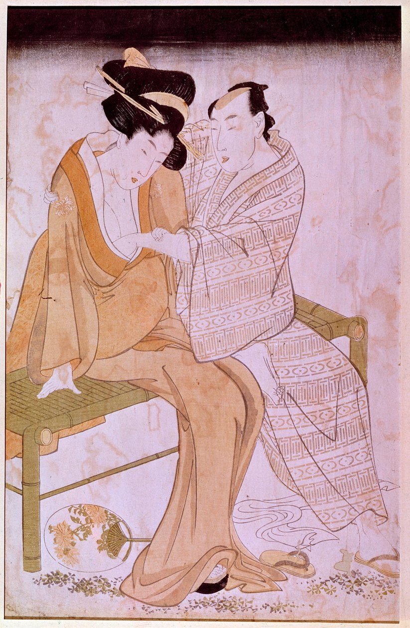 Repræsentation af et japansk par, der stryger hinanden på en bænk. Tryk af Utamaro Kitagawa (1753-1806). Svag. 0,38x0,245 m. Paris, Muse Guimet, Nationalmuseet for asiatisk kunst af Kitagawa Utamaro