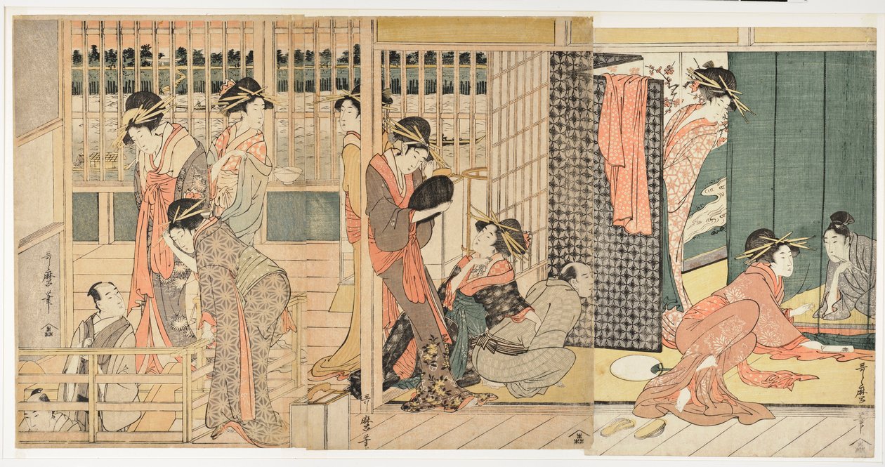 Morgenscene i et japansk "tolerancens hus" (karitaku) - Tryk af Kitagawa Utamaro (1753-1806) af Kitagawa Utamaro