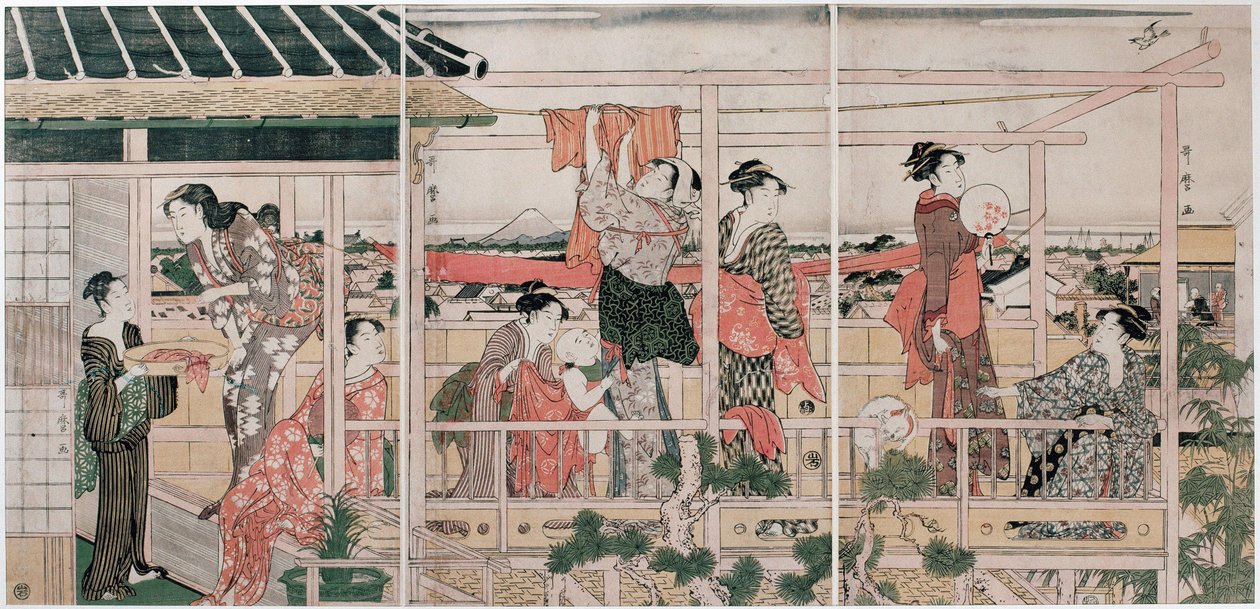 Sechage des vetements - Drying Clothes par Utamaro, Kitagawa (1753-1806), ca. 1790 - Farvetræsnit, 37,3x75,8 - Privat samling af Kitagawa Utamaro