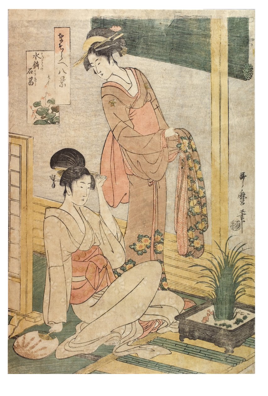 Sweetflag og sten i et bassin med vand fra serien Imitations of the Eight Views, ca. 1797-1798 (træbloktryk på papir) af Kitagawa Utamaro
