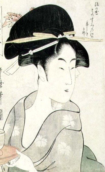 T H Riches 1913 Portræt af en kvinde med en te-kop i hånden, fra serien `Meisho Koshikake Hakkei` (træsnit) af Kitagawa Utamaro