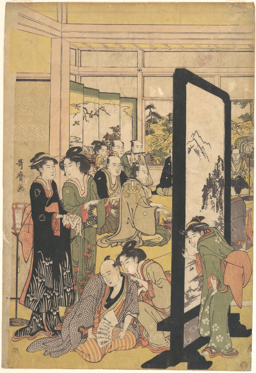 Kunstneren Kitao Masanobu slapper af til en fest af Kitagawa Utamaro