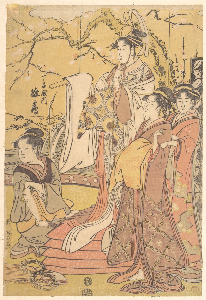 Oiranen Hinazuru fra Chojiya stående på en stabel futoner af Kitagawa Utamaro