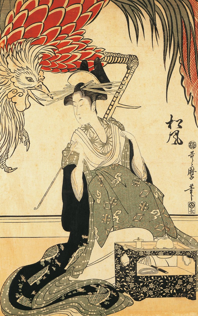 Oiran Matsuzake med et rør, af Kitagawa Utamaro, træsnit af Kitagawa Utamaro