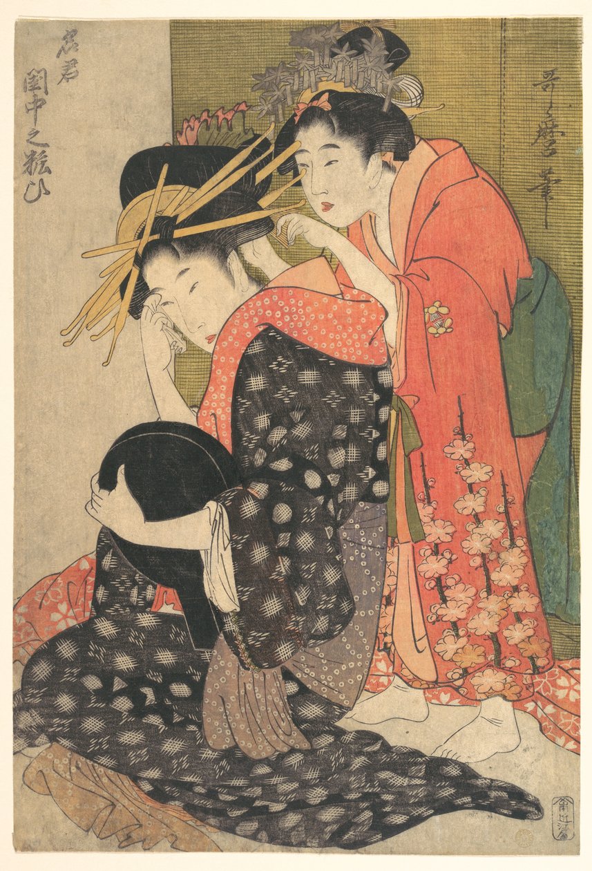 Oiran Yoso-oi siddende ved sit toiletbord af Kitagawa Utamaro