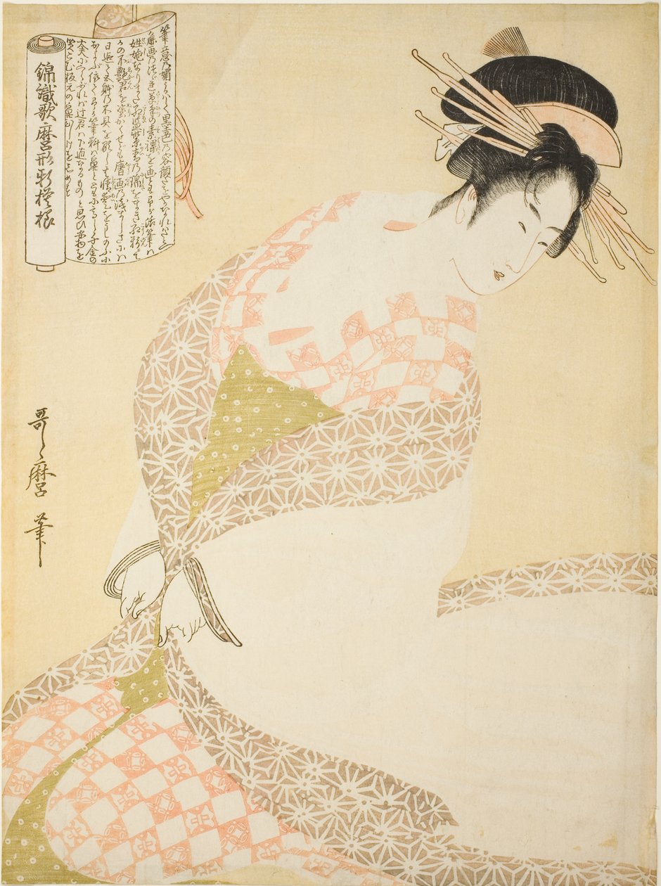 The White Coat, fra serien "New Patterns of Brocade Woven in Utamaro Style (Nishiki-ori Utamaro-gata-moyo)" af Kitagawa Utamaro