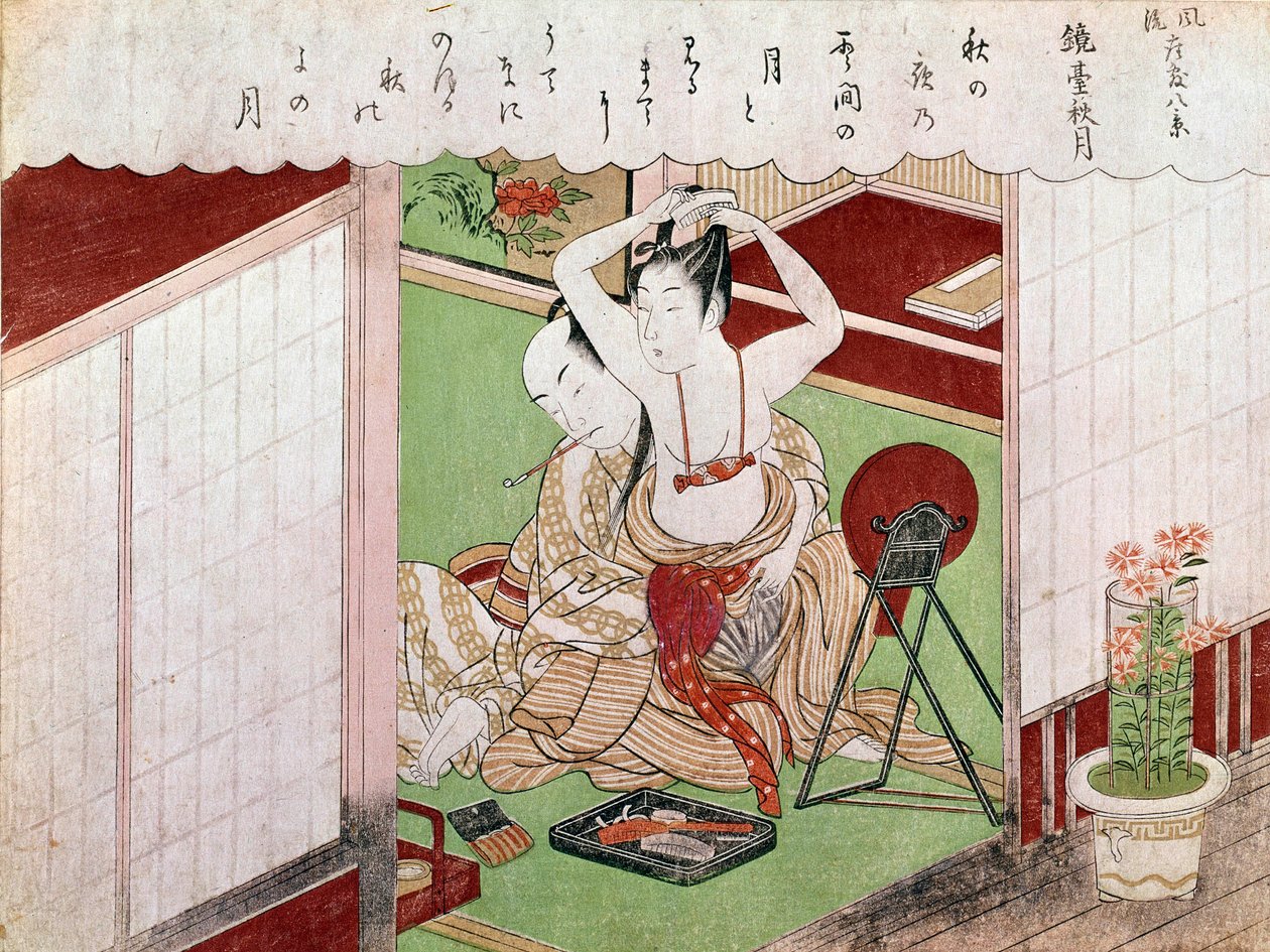 Toilettet for det elegante japanske tryk af Utamaro Kitagawa (1753-1806). Sol. 0,38x0,25 m. 1794-1795. Paris, Guimet Museum, National Museum of Asian Arts af Kitagawa Utamaro