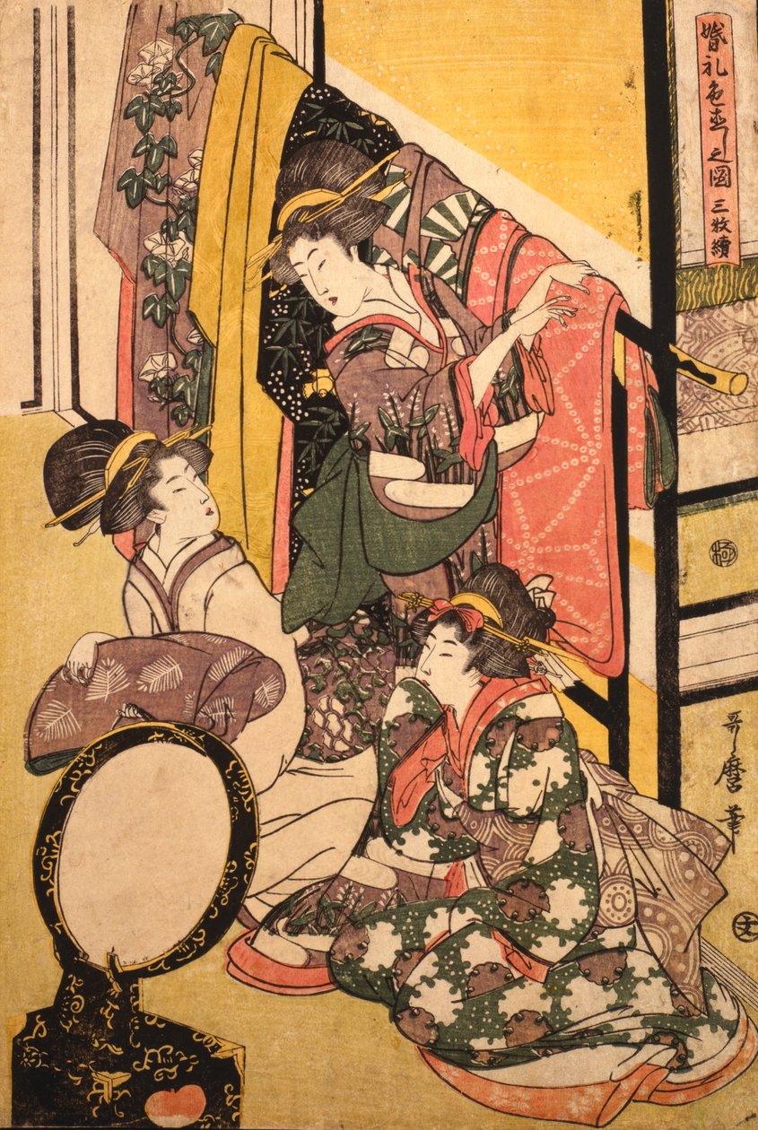 Tre piger i en tøjbutik af Kitagawa Utamaro
