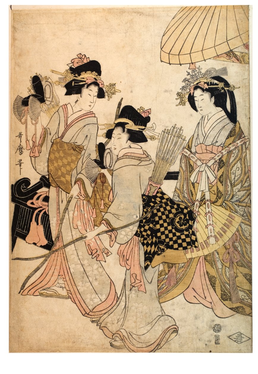 Tre kvinder som bueskytter af Kitagawa Utamaro