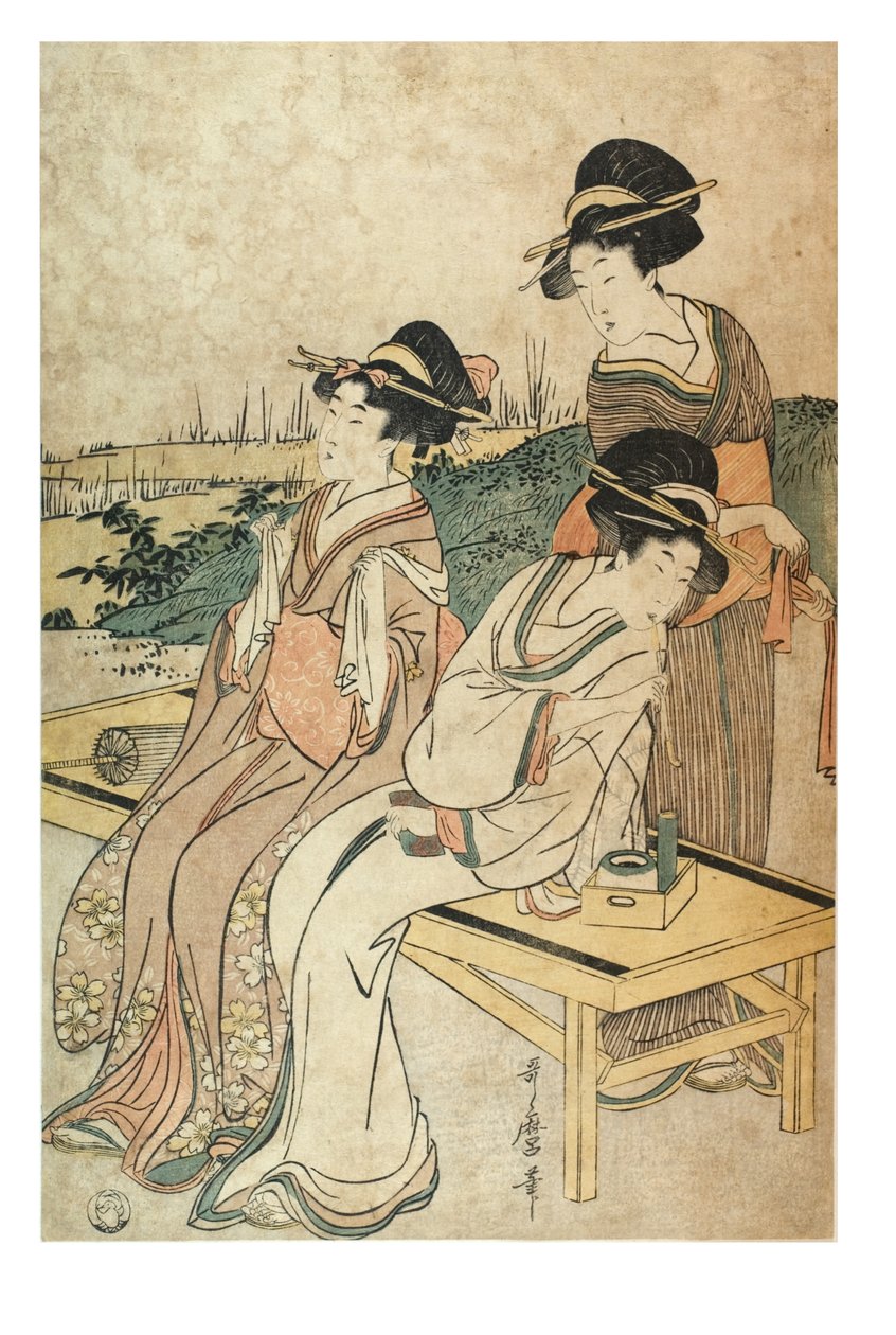 Tre kvinder i landskab, i fritiden, ca. 1800-1801 (træbloktryk på papir) af Kitagawa Utamaro