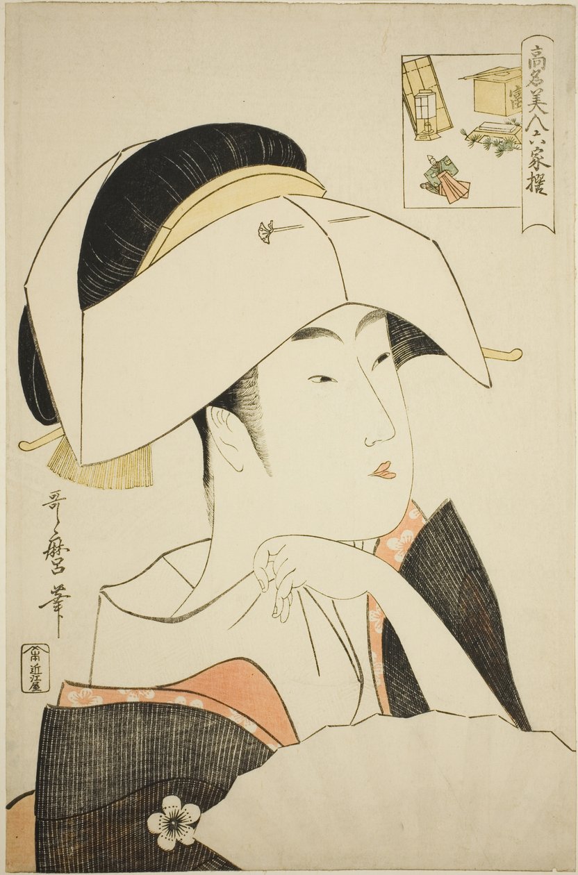 Tomimoto Toyohina, fra serien Renowned Beauties Likened to the Six Immortal Poets (Komei bijin rokkasen) (Tomimoto Toyohina) (billede-gåde) af Kitagawa Utamaro