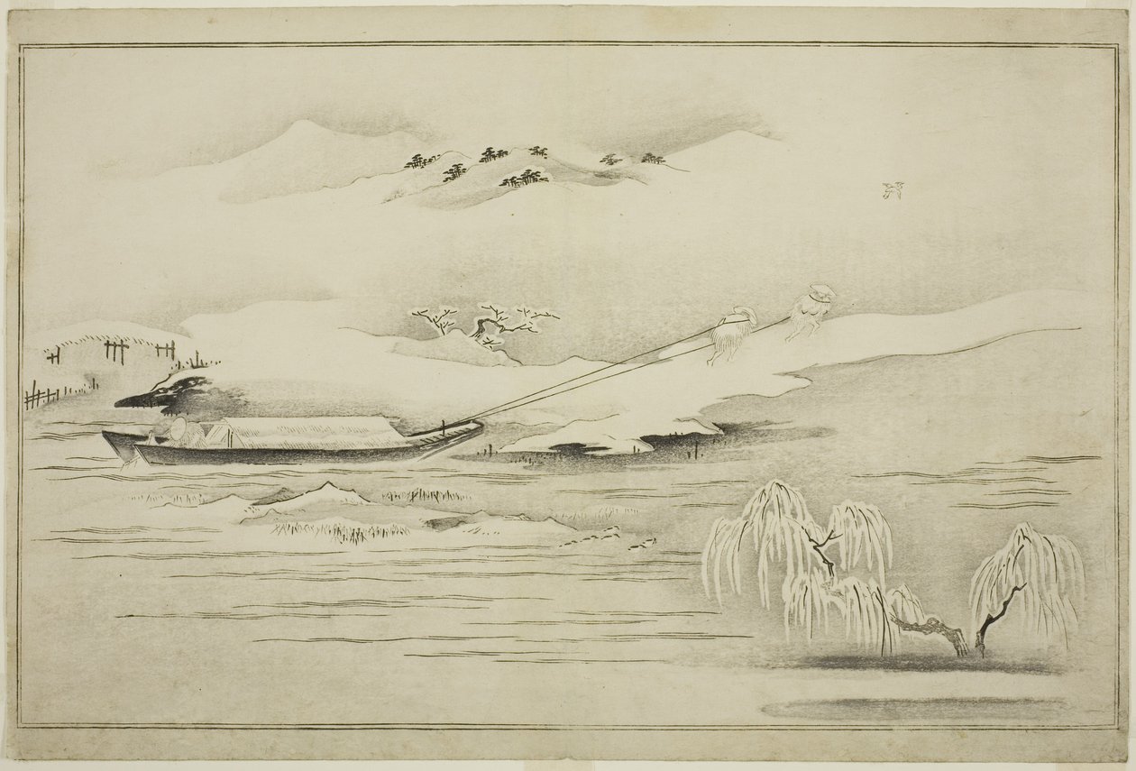 Towing a Barge in the Snow, fra albummet The Silver World, 1790 af Kitagawa Utamaro