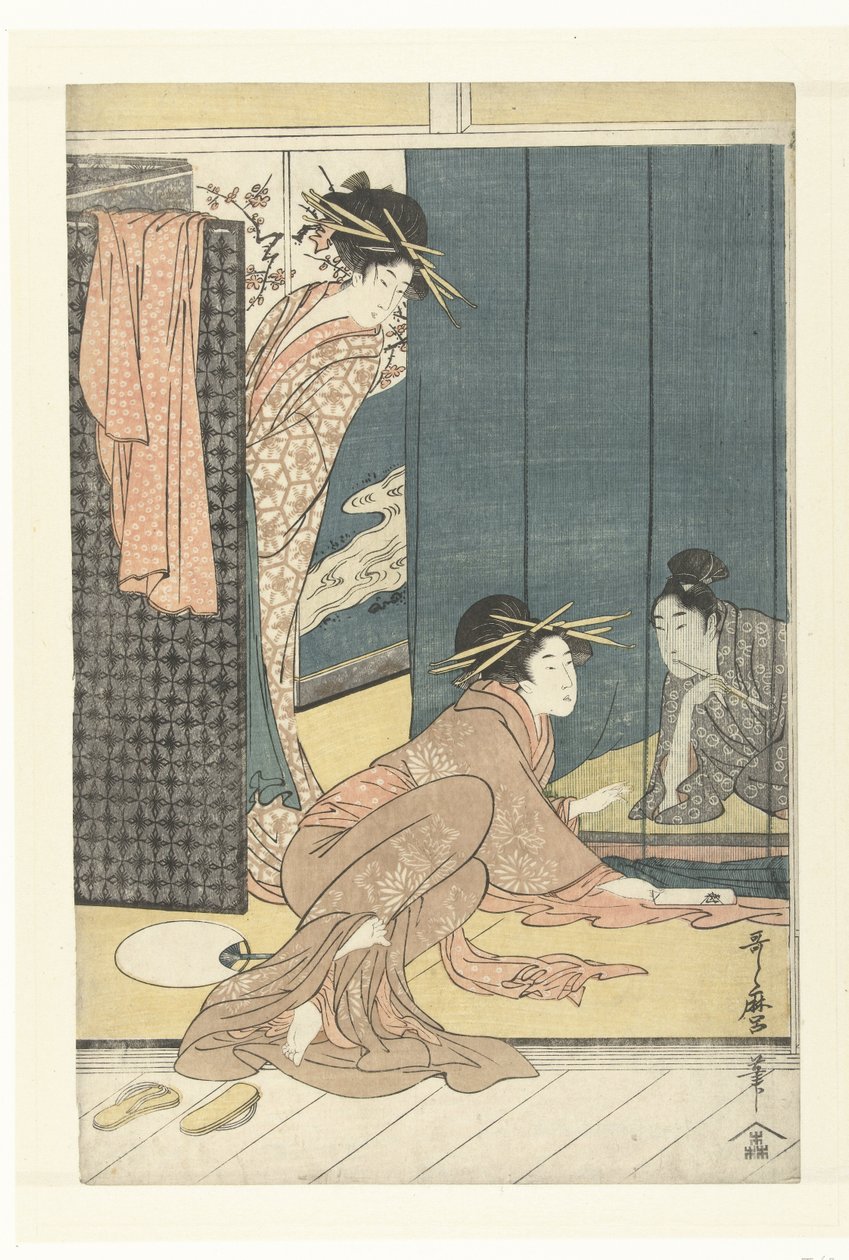 To kurtisaner og en ung mand under et myggenet af Kitagawa Utamaro